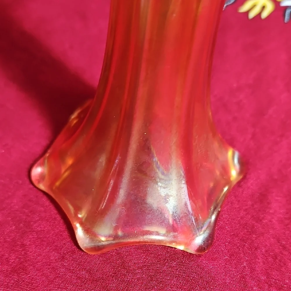 Vintage Marigold Carnival Glass Swung Bud Vase Iridescent Morning Glory